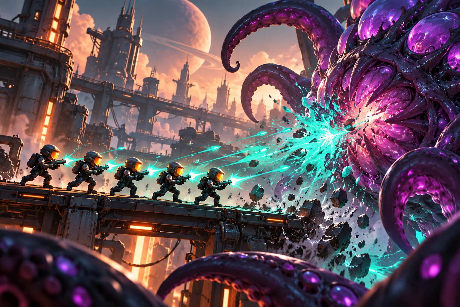 Cloned science-fiction heroes battling a bio-monster